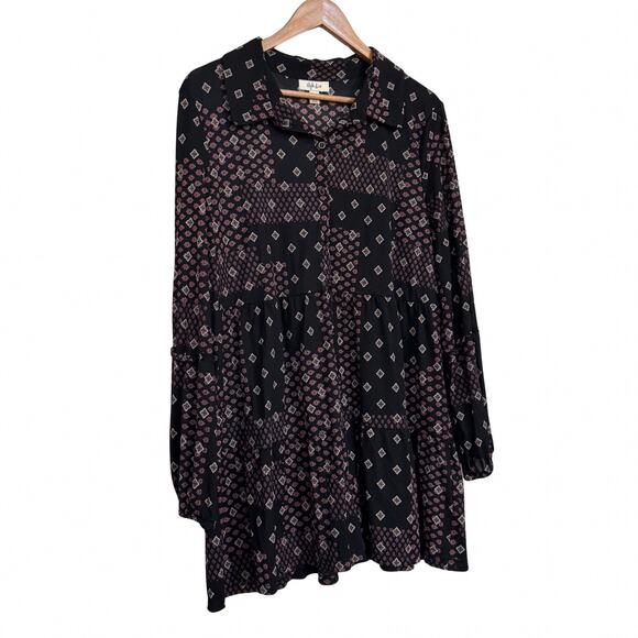 Style & Co Black & Pink Boho Patchwork Print Long Sleeve Tunic Top L - Picture 2 of 7